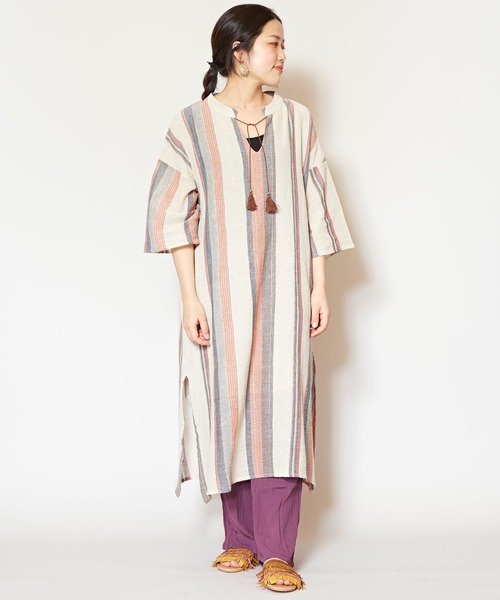 チャイハネ（チャイハネ）の「【チャイハネ】南インドストライプ織りルレックスワンピース（ワンピース・レディース・ベージュ/パープル/オレンジ・FREE）」の22枚目の写真