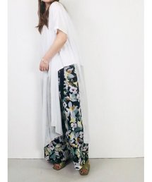 フラワープリント ベルト付き ワイドパンツ