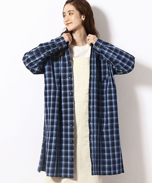 ジョンブル チェック ロング シャツ ガウン ジャケット 青 インディゴ M 7981018ab966a16adc159de45243f9