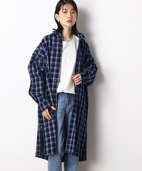 ジョンブル チェック ロング シャツ ガウン ジャケット 青 インディゴ M ジョンブル チェック ロング シャツ ガウン ジャケット 青 インディゴ