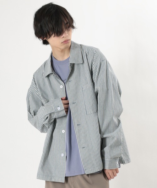 make a ray!（メイク ア レイ！）の「バッグ刺繍 Drink＆Glass イラスト刺繍 ビックシルエット 長袖シャツ/ ワークシャツ（シャツ/ブラウス・メンズ・ネイビー/サックスブルー・M/L/XL）」の6枚目の写真