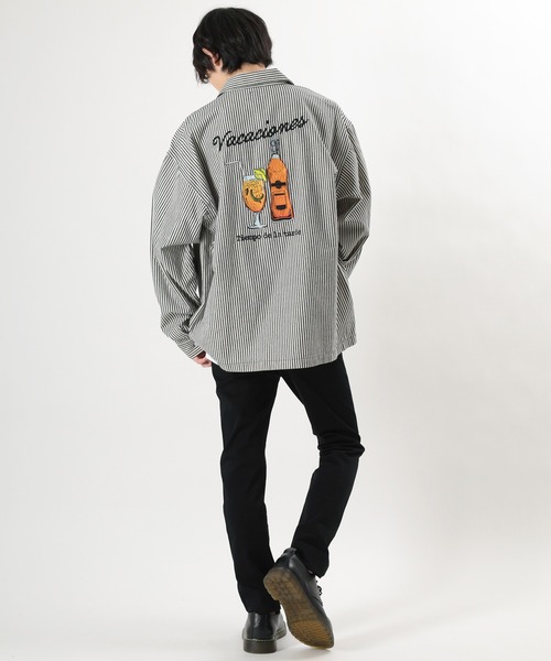 make a ray!（メイク ア レイ！）の「バッグ刺繍 Drink＆Glass イラスト刺繍 ビックシルエット 長袖シャツ/ ワークシャツ（シャツ/ブラウス・メンズ・ネイビー/サックスブルー・M/L/XL）」の7枚目の写真