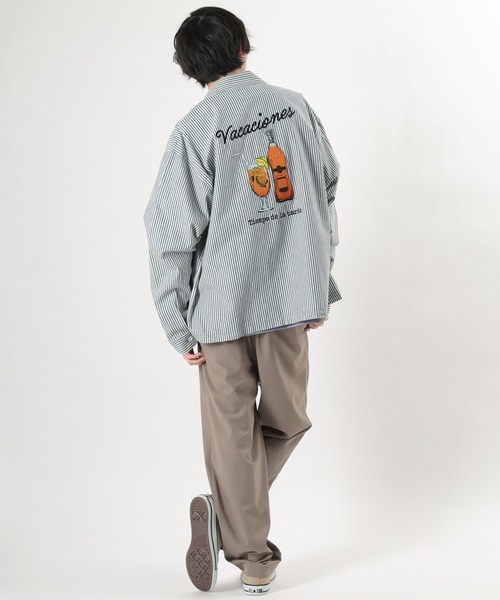 make a ray!（メイク ア レイ！）の「バッグ刺繍 Drink＆Glass イラスト刺繍 ビックシルエット 長袖シャツ/ ワークシャツ（シャツ/ブラウス・メンズ・ネイビー/サックスブルー・M/L/XL）」の13枚目の写真