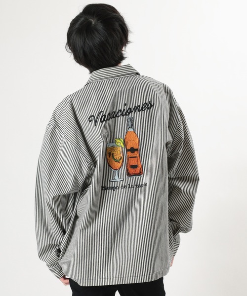 make a ray!（メイク ア レイ！）の「バッグ刺繍 Drink＆Glass イラスト刺繍 ビックシルエット 長袖シャツ/ ワークシャツ（シャツ/ブラウス・メンズ・ネイビー/サックスブルー・M/L/XL）」の18枚目の写真