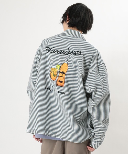 make a ray!（メイク ア レイ！）の「バッグ刺繍 Drink＆Glass イラスト刺繍 ビックシルエット 長袖シャツ/ ワークシャツ（シャツ/ブラウス・メンズ・ネイビー/サックスブルー・M/L/XL）」の19枚目の写真