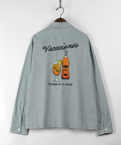 make a ray!（メイク ア レイ！）の「バッグ刺繍 Drink＆Glass イラスト刺繍 ビックシルエット 長袖シャツ/ ワークシャツ（シャツ/ブラウス・メンズ・ネイビー/サックスブルー・M/L/XL）」の21枚目の写真