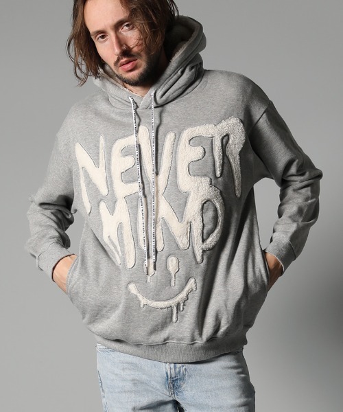 STUD MUFFIN(スタッドマフィン)の「mpa2583-コットン裏毛パイル NEVERMIND ボアカットオフアップリプルパーカー(パーカー・メンズ・杢グレー/ブラック・4/3/2)」の1枚目の写真