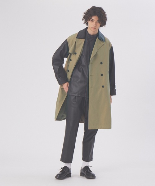 MYSELF ABAHOUSE（マイセルフアバハウス）の「【MYSELF ABAHOUSE】ネオレザー バイカラー コンビ トレンチ（ステンカラーコート・メンズ・ブラック/グレイッシュベージュ・46/48）」の5枚目の写真