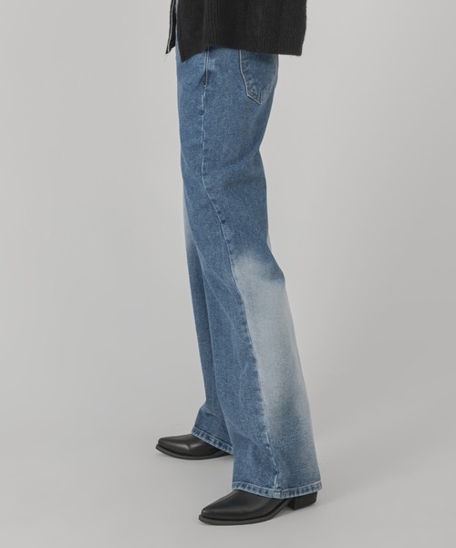 プリーツプリーズ デニム転写 ストレートパンツ 細身 ブリーチ加工プリント プリーツプリーズ イッセイミヤケ デニム 転写 プリーツパンツ