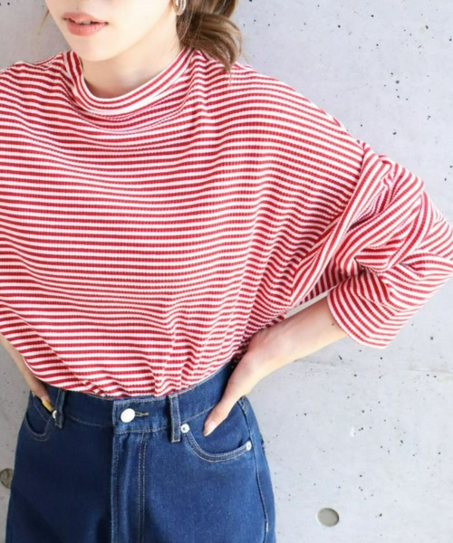 moment+(モーメントプラス)の「綿ストレッチリブボーダー ショート丈 ロングスリーブtee(Tシャツ/カットソー・レディース・ブラック/レッド/グリーン/ライトグリーン/ブルー・M)」の5枚目の写真