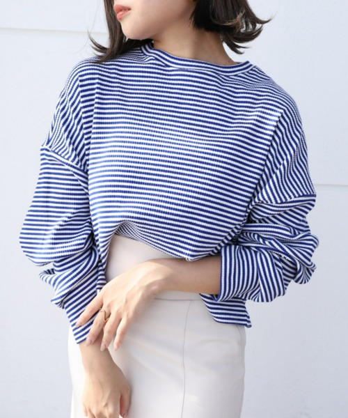 moment+(モーメントプラス)の「綿ストレッチリブボーダー ショート丈 ロングスリーブtee(Tシャツ/カットソー・レディース・ブラック/レッド/グリーン/ライトグリーン/ブルー・M)」の4枚目の写真