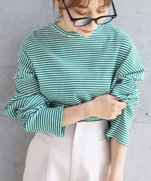moment+(モーメントプラス)の「綿ストレッチリブボーダー ショート丈 ロングスリーブtee(Tシャツ/カットソー・レディース・ブラック/レッド/グリーン/ライトグリーン/ブルー・M)」の3枚目の写真