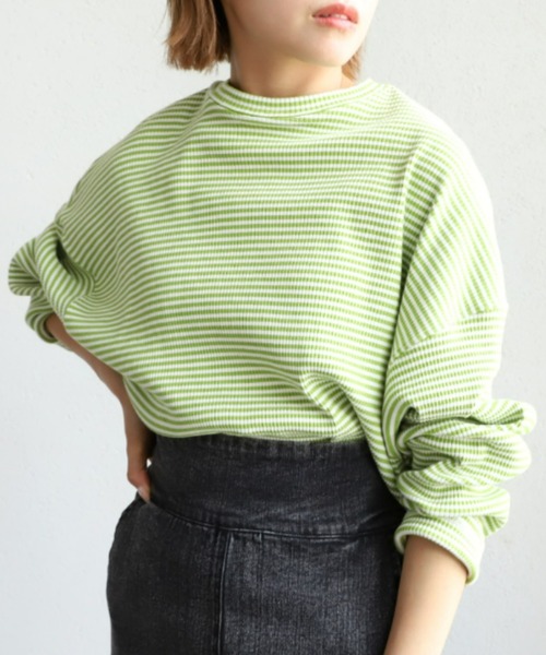 moment+(モーメントプラス)の「綿ストレッチリブボーダー ショート丈 ロングスリーブtee(Tシャツ/カットソー・レディース・ブラック/レッド/グリーン/ライトグリーン/ブルー・M)」の1枚目の写真