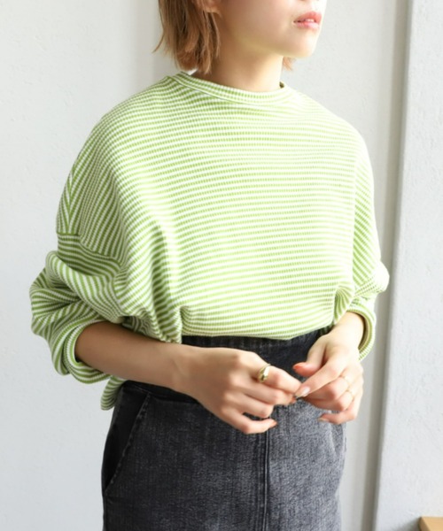 moment+(モーメントプラス)の「綿ストレッチリブボーダー ショート丈 ロングスリーブtee(Tシャツ/カットソー・レディース・ブラック/レッド/グリーン/ライトグリーン/ブルー・M)」の10枚目の写真