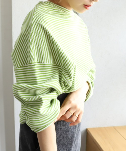 moment+(モーメントプラス)の「綿ストレッチリブボーダー ショート丈 ロングスリーブtee(Tシャツ/カットソー・レディース・ブラック/レッド/グリーン/ライトグリーン/ブルー・M)」の11枚目の写真