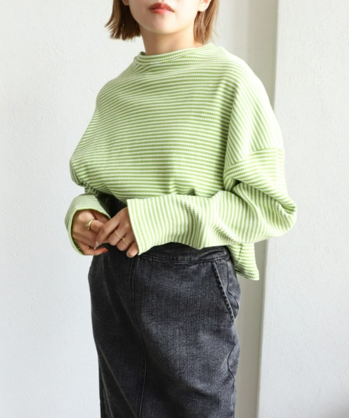 moment+(モーメントプラス)の「綿ストレッチリブボーダー ショート丈 ロングスリーブtee(Tシャツ/カットソー・レディース・ブラック/レッド/グリーン/ライトグリーン/ブルー・M)」の12枚目の写真