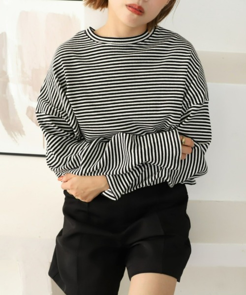 moment+(モーメントプラス)の「綿ストレッチリブボーダー ショート丈 ロングスリーブtee(Tシャツ/カットソー・レディース・ブラック/レッド/グリーン/ライトグリーン/ブルー・M)」の20枚目の写真