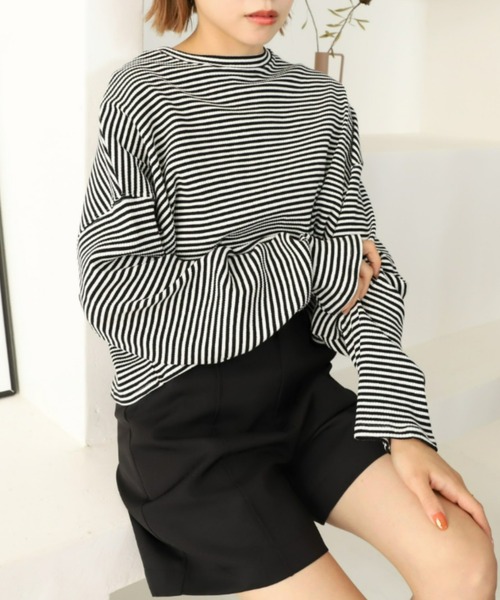 moment+(モーメントプラス)の「綿ストレッチリブボーダー ショート丈 ロングスリーブtee(Tシャツ/カットソー・レディース・ブラック/レッド/グリーン/ライトグリーン/ブルー・M)」の22枚目の写真