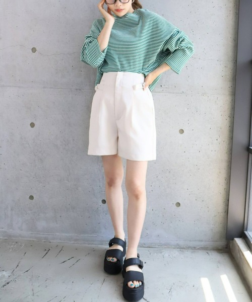 moment+(モーメントプラス)の「綿ストレッチリブボーダー ショート丈 ロングスリーブtee(Tシャツ/カットソー・レディース・ブラック/レッド/グリーン/ライトグリーン/ブルー・M)」の8枚目の写真