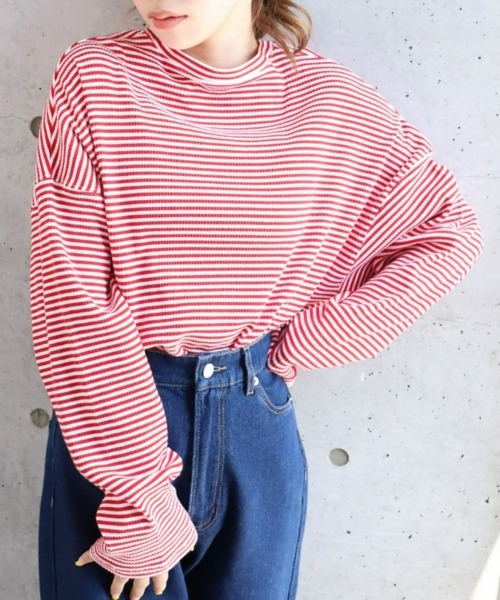moment+(モーメントプラス)の「綿ストレッチリブボーダー ショート丈 ロングスリーブtee(Tシャツ/カットソー・レディース・ブラック/レッド/グリーン/ライトグリーン/ブルー・M)」の17枚目の写真