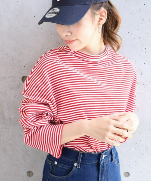 moment+(モーメントプラス)の「綿ストレッチリブボーダー ショート丈 ロングスリーブtee(Tシャツ/カットソー・レディース・ブラック/レッド/グリーン/ライトグリーン/ブルー・M)」の18枚目の写真