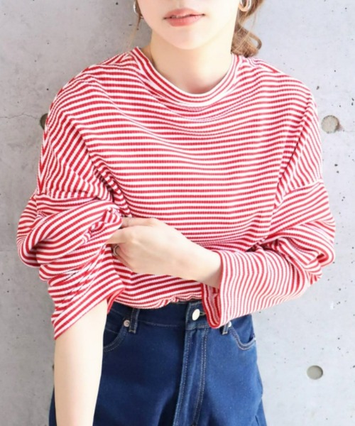 moment+(モーメントプラス)の「綿ストレッチリブボーダー ショート丈 ロングスリーブtee(Tシャツ/カットソー・レディース・ブラック/レッド/グリーン/ライトグリーン/ブルー・M)」の19枚目の写真