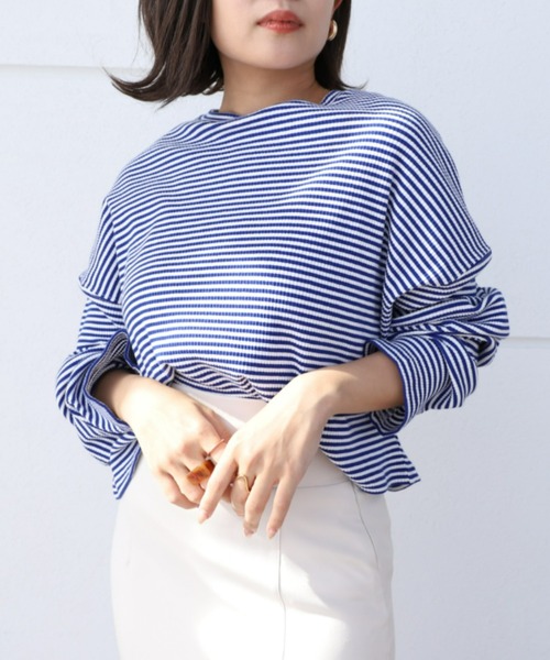 moment+(モーメントプラス)の「綿ストレッチリブボーダー ショート丈 ロングスリーブtee(Tシャツ/カットソー・レディース・ブラック/レッド/グリーン/ライトグリーン/ブルー・M)」の13枚目の写真