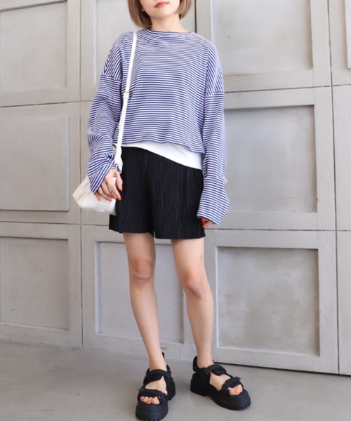 moment+(モーメントプラス)の「綿ストレッチリブボーダー ショート丈 ロングスリーブtee(Tシャツ/カットソー・レディース・ブラック/レッド/グリーン/ライトグリーン/ブルー・M)」の6枚目の写真