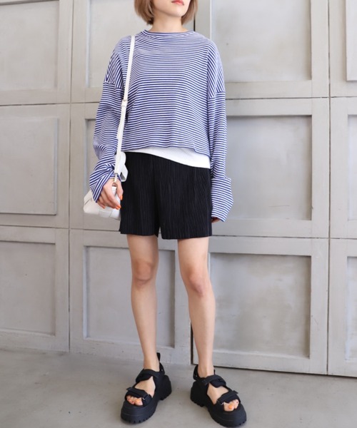 moment+(モーメントプラス)の「綿ストレッチリブボーダー ショート丈 ロングスリーブtee(Tシャツ/カットソー・レディース・ブラック/レッド/グリーン/ライトグリーン/ブルー・M)」の7枚目の写真