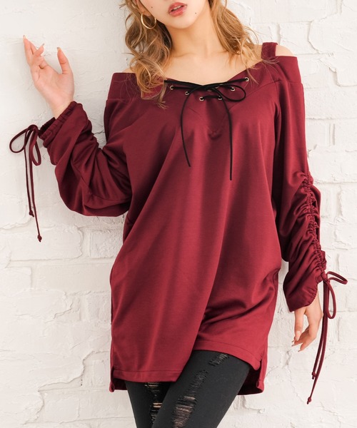 Diable baiser(ディアブルベーゼ)の「袖ドロストオフショルレースアップトップス【M~3L】(Tシャツ/カットソー・レディース・ブラック/レッド/ブルー/ボルドー/ベビーピンク・M-L/L-XL)」の5枚目の写真