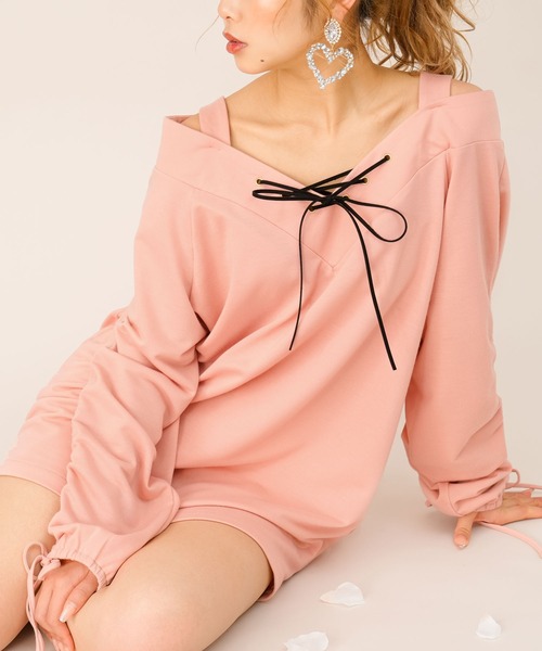 Diable baiser(ディアブルベーゼ)の「袖ドロストオフショルレースアップトップス【M~3L】(Tシャツ/カットソー・レディース・ブラック/レッド/ブルー/ボルドー/ベビーピンク・M-L/L-XL)」の16枚目の写真