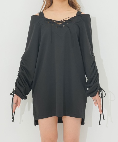 Diable baiser(ディアブルベーゼ)の「袖ドロストオフショルレースアップトップス【M~3L】(Tシャツ/カットソー・レディース・ブラック/レッド/ブルー/ボルドー/ベビーピンク・M-L/L-XL)」の15枚目の写真