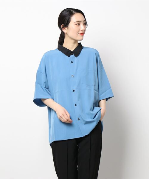 THISIS（ディスイズ）の「ビッグシルエット ポリストレッチ クレリックシャツ レディース（シャツ/ブラウス・レディース・ホワイト/チャコール/グレイッシュベージュ/グリーン/サックスブルー/ブラック/ネイビー/パープル・LARGE/X-LARGE/MEDIUM）」の12枚目の写真