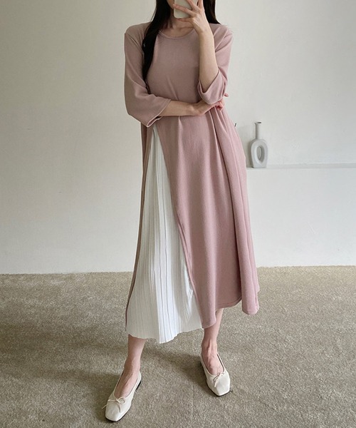 セール 数量限定販売 配色プリーツ異素材フレアロングワンピース 韓国製 ワンピース Me Em Select ミームセレクト のファッション通販 Zozotown