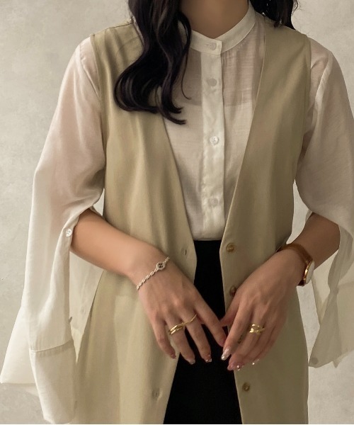 apres jour clair(アプレジュールクレア)の「【apres jour clair】バンドカラーシアーシャツ【ZOZOTOWN限定アイテム】(シャツ/ブラウス・レディース・イエロー/アイボリー/ベージュ/ブラウン系その他・X-LARGE/フリー)」の5枚目の写真