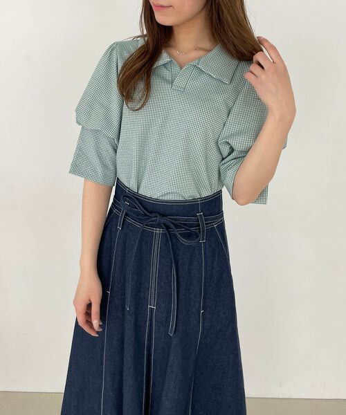 MAJESTIC LEGON（マジェスティックレゴン）の「ギンガムポロ襟トップス（ポロシャツ・レディース・ブラック系その他/グリーン系その他/ベージュ系その他2・MEDIUM）」の9枚目の写真