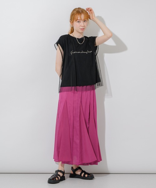 Paradise Picnic（パラダイスピクニック）の「チュール重ねロゴT（Tシャツ/カットソー・レディース・ブラック/ホワイト/イエロー・FREE）」の5枚目の写真