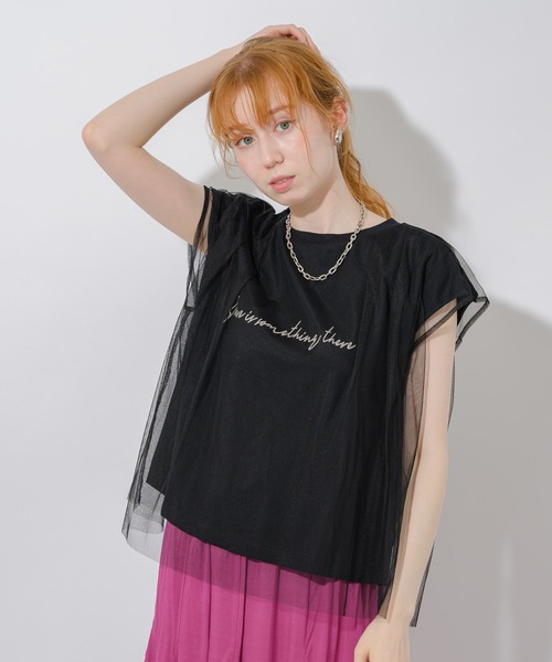 Paradise Picnic（パラダイスピクニック）の「チュール重ねロゴT（Tシャツ/カットソー・レディース・ブラック/ホワイト/イエロー・FREE）」の10枚目の写真