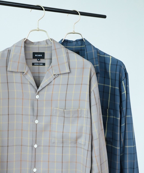BEAMS(ビームス)の「BEAMS / レーヨンツイルチェック オープンカラーシャツ(シャツ/ブラウス・メンズ・ベージュ/ネイビー・M/L/XL/S)」の1枚目の写真
