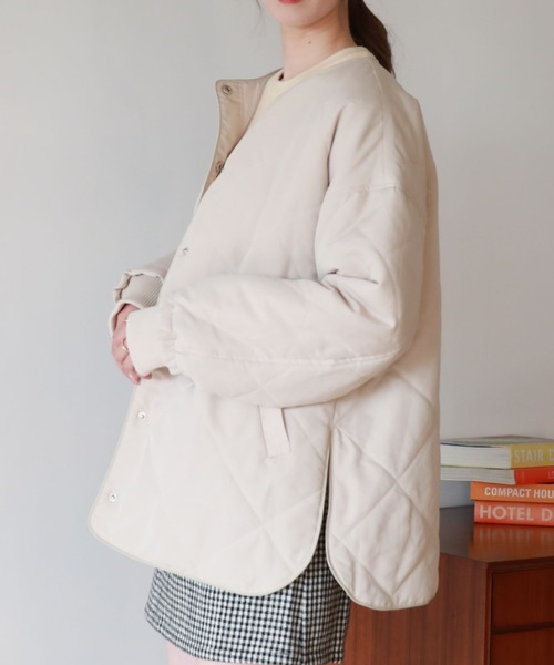 archives（アルシーヴ）の「中綿キルトパイピングコートミドル（ノーカラーコート・レディース・モカ/グレイッシュベージュ/アイボリー・MEDIUM）」の21枚目の写真