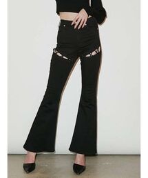 ハイウエスト Vカットレースアップデザイン フレアカラーパンツ