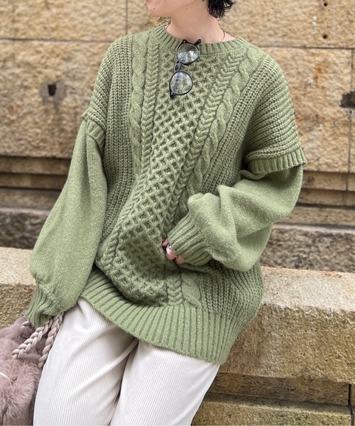 Chez toi(シェトワ)の「オーバーサイズケーブルニットプルオーバー(ニット/セーター・レディース・ブラック/オリーブ/ライトベージュ・FREE)」の3枚目の写真