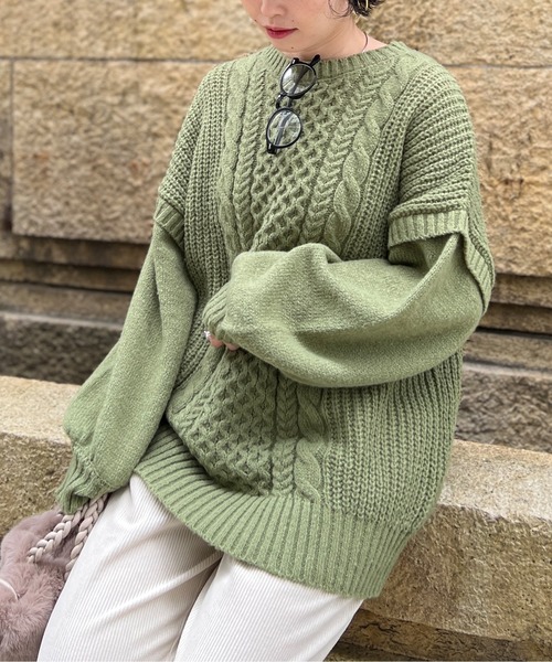 Chez toi(シェトワ)の「オーバーサイズケーブルニットプルオーバー(ニット/セーター・レディース・ブラック/オリーブ/ライトベージュ・FREE)」の9枚目の写真