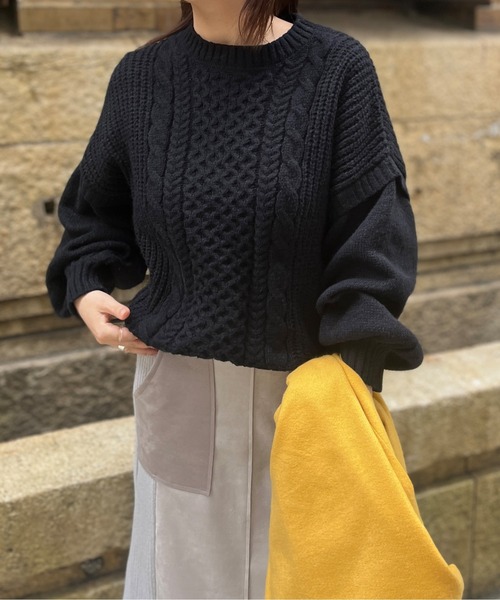 Chez toi(シェトワ)の「オーバーサイズケーブルニットプルオーバー(ニット/セーター・レディース・ブラック/オリーブ/ライトベージュ・FREE)」の11枚目の写真