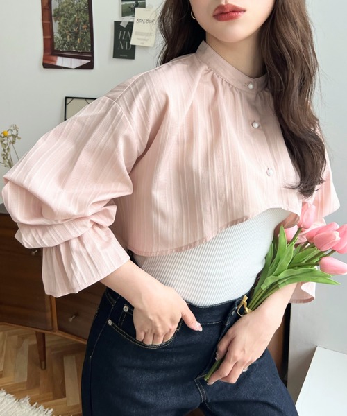 moment+（モーメントプラス）の「ドビーストライプパール釦キャンディ