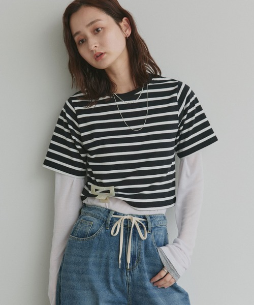 ad thie(アドティエ)の「シンプル無地 ボーダー ショート丈ミニTシャツ(Tシャツ/カットソー・レディース・ブラック/グリーン/セージグリーン/イエロー/ホワイト/ブルー/チェリーレッド/ダークブルー/オフホワイト/オレンジ/レッド/ダークブラウン/ピンク/チャコール/ミント/ブルーグレー/ホワイト系/ピンク系1/ブラック系/ベージュ/ネイビー・FREE)」の5枚目の写真