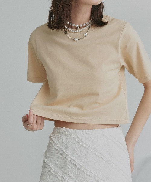ad thie(アドティエ)の「シンプル無地 ボーダー ショート丈ミニTシャツ(Tシャツ/カットソー・レディース・ブラック/グリーン/セージグリーン/イエロー/ホワイト/ブルー/チェリーレッド/ダークブルー/オフホワイト/オレンジ/レッド/ダークブラウン/ピンク/チャコール/ミント/ブルーグレー/ホワイト系/ピンク系1/ブラック系/ベージュ/ネイビー・FREE)」の9枚目の写真