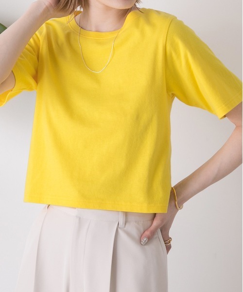 ad thie（アドティエ）の「シンプル無地 ボーダー ショート丈ミニTシャツ（Tシャツ/カットソー・レディース・ブラック/グリーン/セージグリーン/イエロー/ホワイト/ブルー/チェリーレッド/ダークブルー/オフホワイト/オレンジ/レッド/ダークブラウン/ピンク/チャコール/ミント/ブルーグレー・FREE）」の12枚目の写真