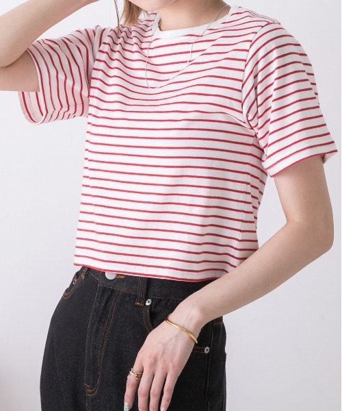 ad thie（アドティエ）の「シンプル無地 ボーダー ショート丈ミニTシャツ（Tシャツ/カットソー・レディース・ブラック/グリーン/セージグリーン/イエロー/ホワイト/ブルー/チェリーレッド/ダークブルー/オフホワイト/オレンジ/レッド/ダークブラウン/ピンク/チャコール/ミント/ブルーグレー・FREE）」の15枚目の写真