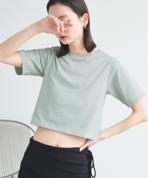 セール】シンプル無地 ボーダー ショート丈ミニTシャツ（Tシャツ